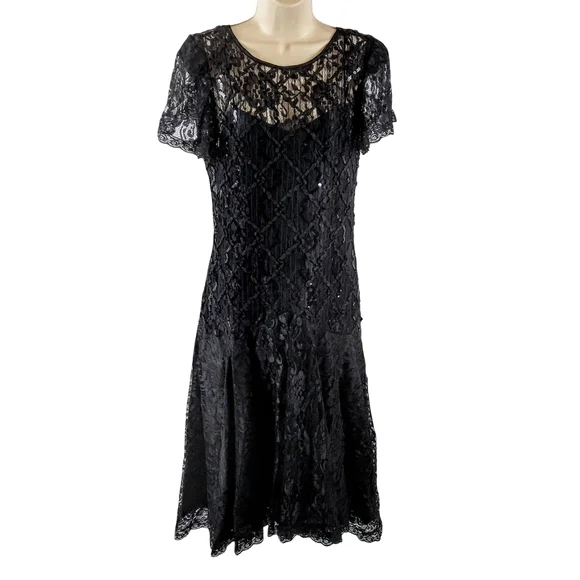 Vintage After Dark Elegant Black Lace Midi Dress - Picture 1 of 11
